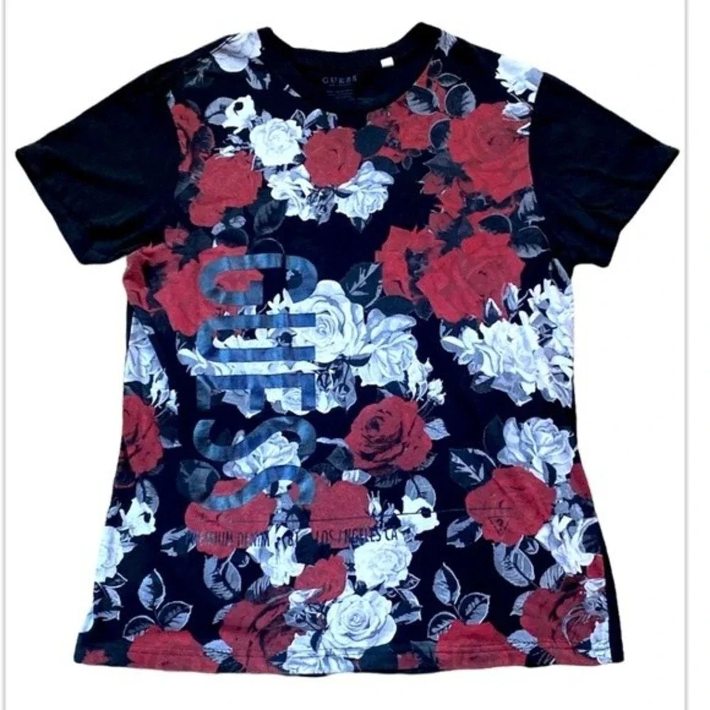 Guess Premium Los Angeles T-Shirt Flowers Black Size L Mens Floral Front - Picture 3 of 7